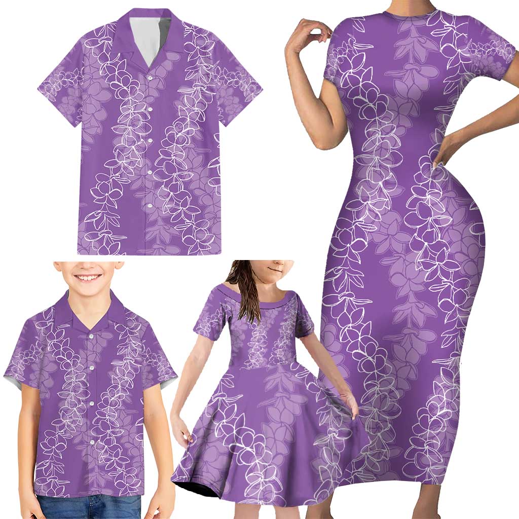 Hawaii Plumeria Lei Family Matching Short Sleeve Bodycon Dress and Hawaiian Shirt Aloha Festive Vibe - Violet