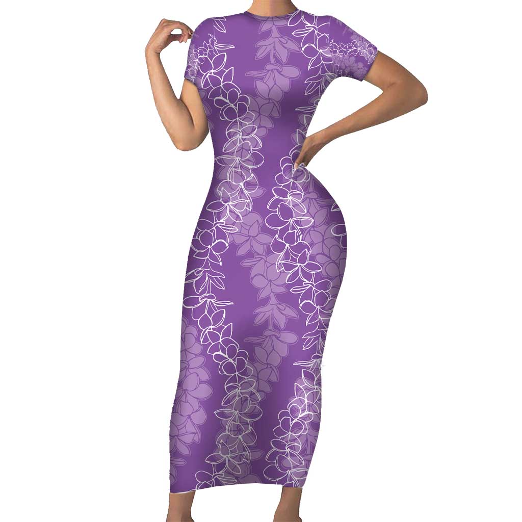 Hawaii Plumeria Lei Short Sleeve Bodycon Dress Aloha Festive Vibe - Violet