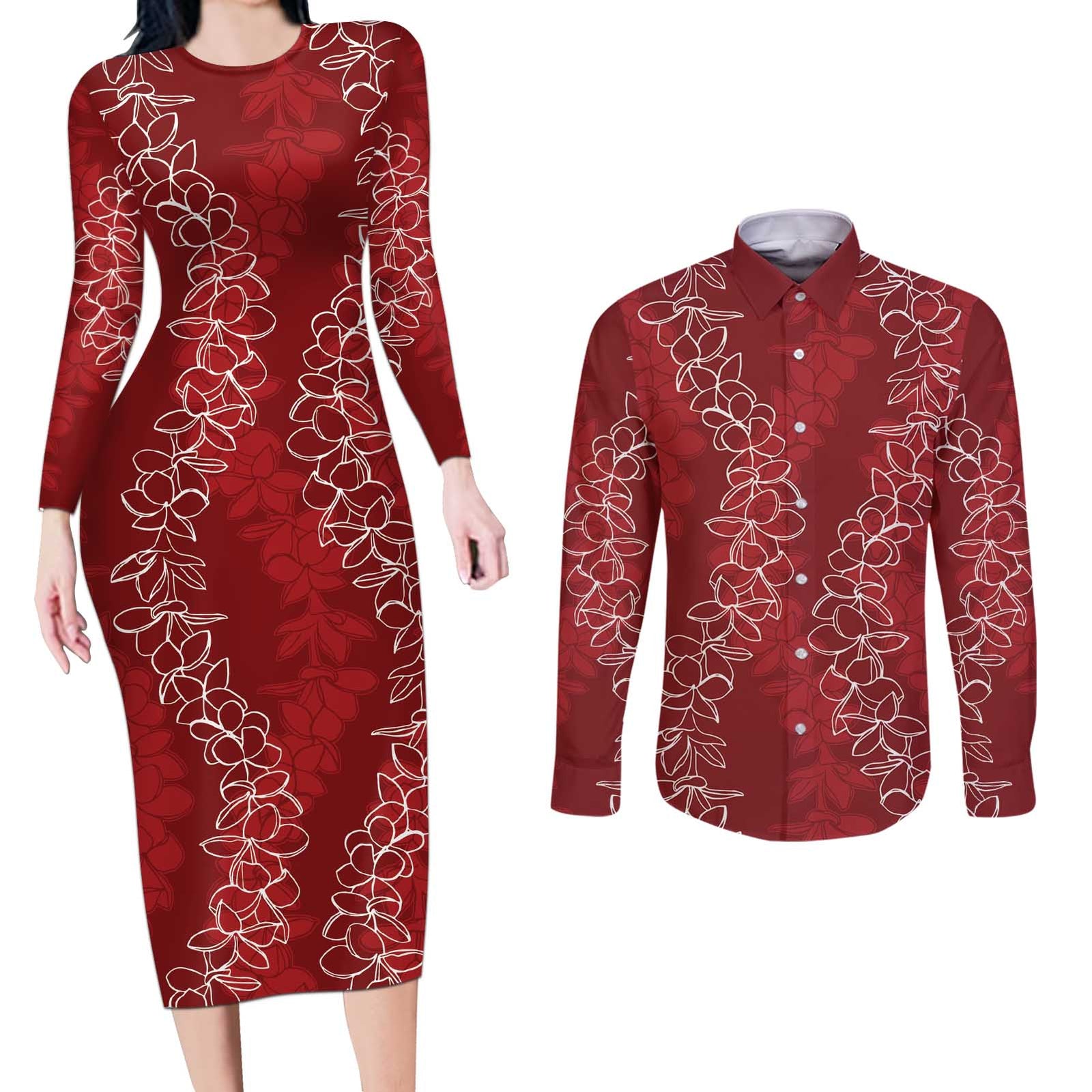 Hawaii Plumeria Lei Couples Matching Long Sleeve Bodycon Dress and Long Sleeve Button Shirt Aloha Festive Vibe - Crimson LT7 Crimson - Polynesian Pride