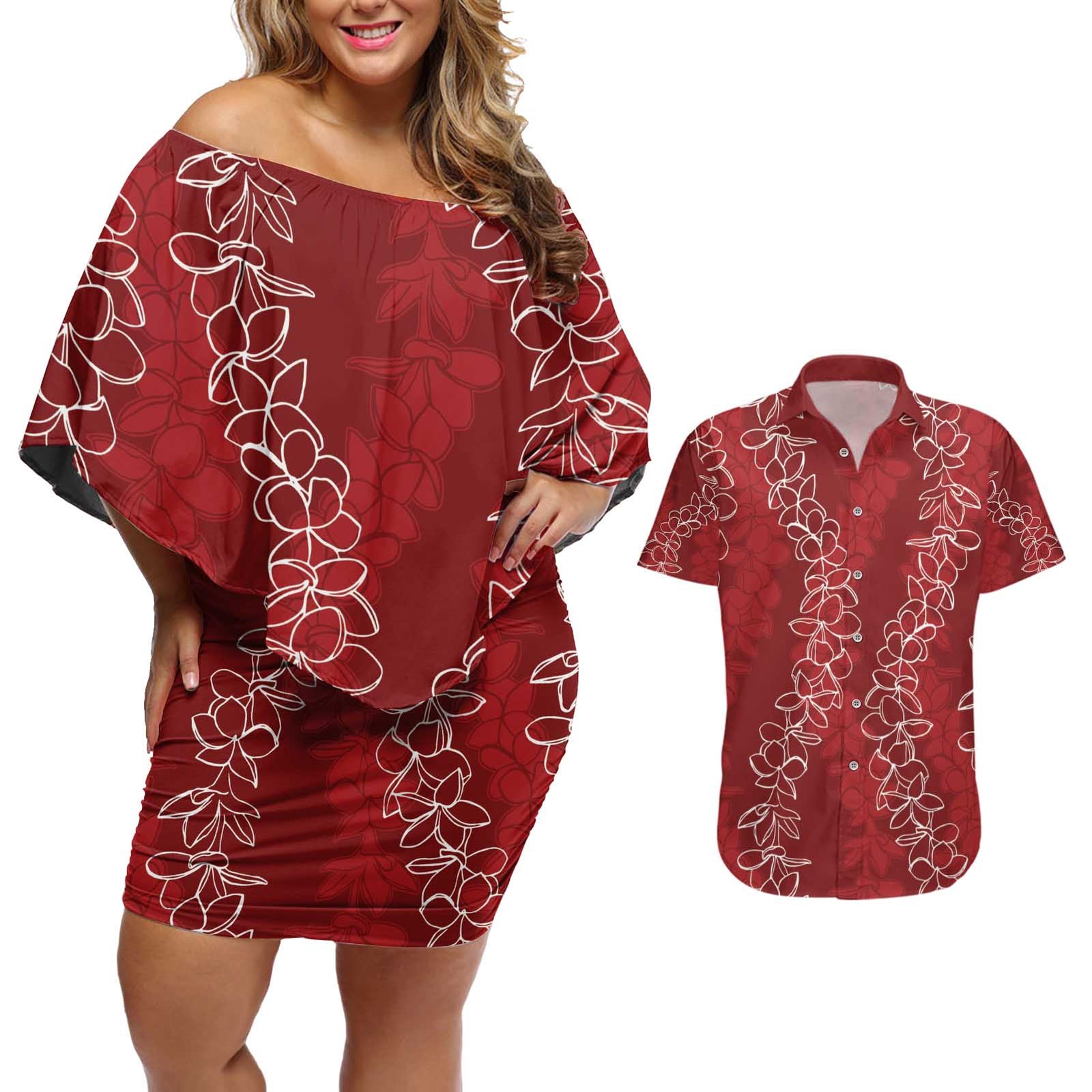 Hawaii Plumeria Lei Couples Matching Off Shoulder Short Dress and Hawaiian Shirt Aloha Festive Vibe - Crimson LT7 Crimson - Polynesian Pride