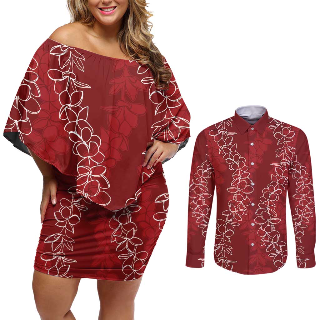Hawaii Plumeria Lei Couples Matching Off Shoulder Short Dress and Long Sleeve Button Shirt Aloha Festive Vibe - Crimson LT7 Crimson - Polynesian Pride