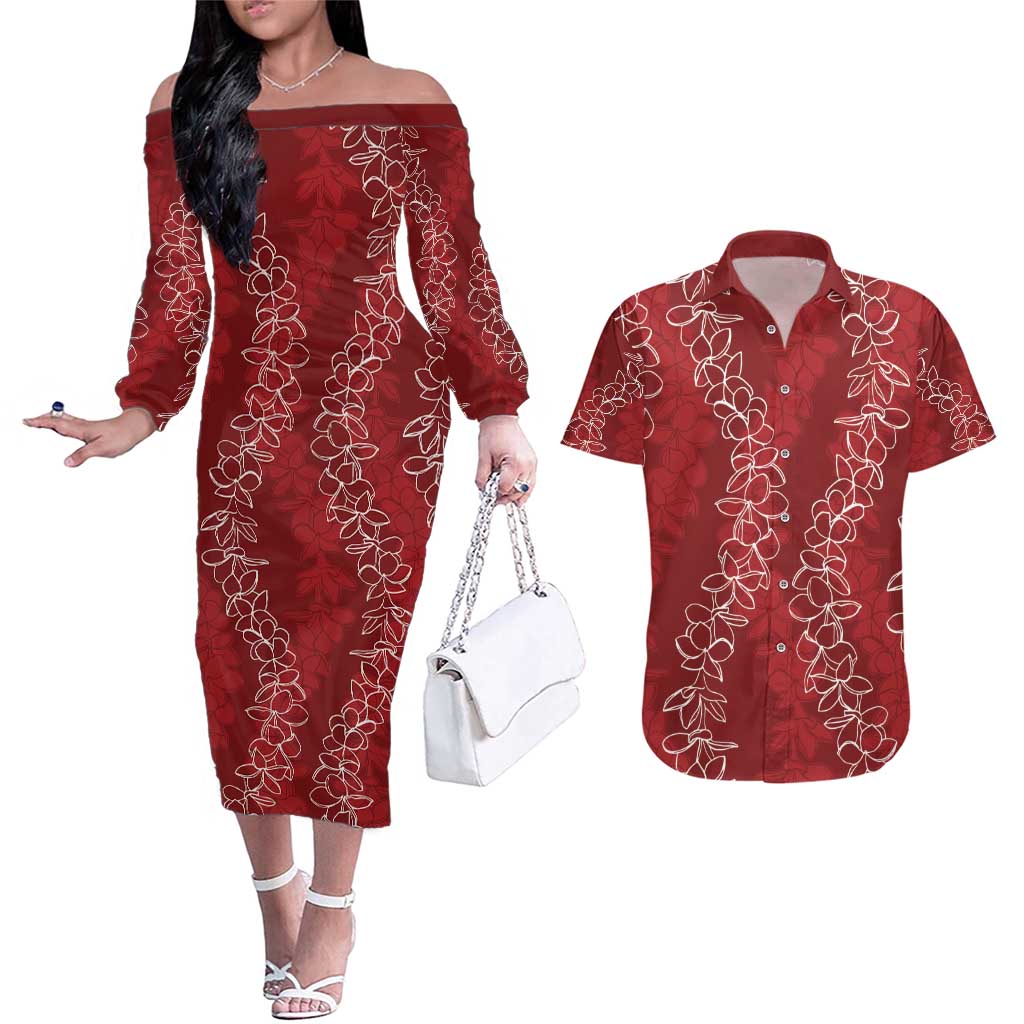 Hawaii Plumeria Lei Couples Matching Off The Shoulder Long Sleeve Dress and Hawaiian Shirt Aloha Festive Vibe - Crimson LT7 Crimson - Polynesian Pride