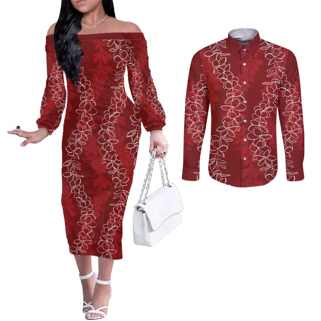 Hawaii Plumeria Lei Couples Matching Off The Shoulder Long Sleeve Dress and Long Sleeve Button Shirt Aloha Festive Vibe - Crimson LT7 Crimson - Polynesian Pride