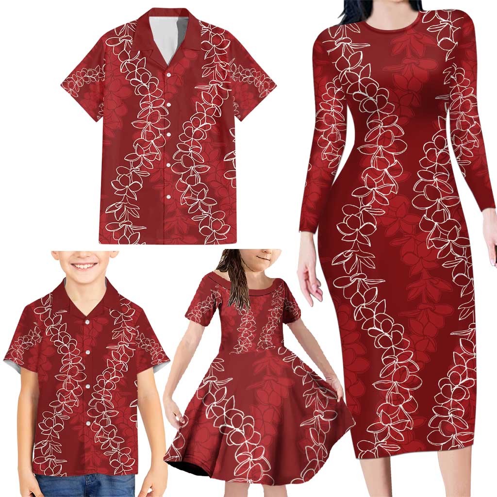 Hawaii Plumeria Lei Family Matching Long Sleeve Bodycon Dress and Hawaiian Shirt Aloha Festive Vibe - Crimson