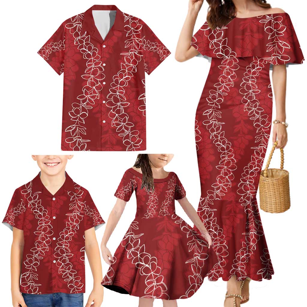 Hawaii Plumeria Lei Family Matching Mermaid Dress and Hawaiian Shirt Aloha Festive Vibe - Crimson