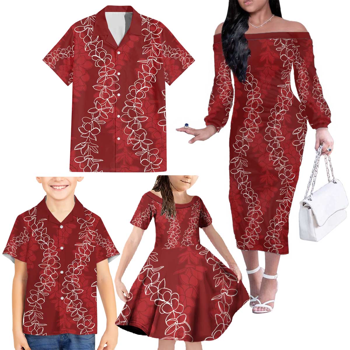 Hawaii Plumeria Lei Family Matching Off The Shoulder Long Sleeve Dress and Hawaiian Shirt Aloha Festive Vibe - Crimson