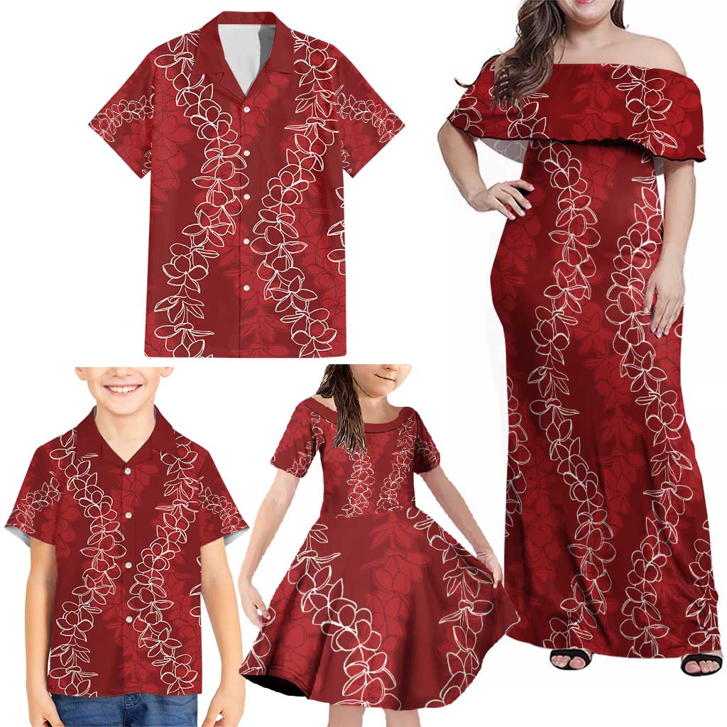 Hawaii Plumeria Lei Family Matching Off Shoulder Maxi Dress and Hawaiian Shirt Aloha Festive Vibe - Crimson