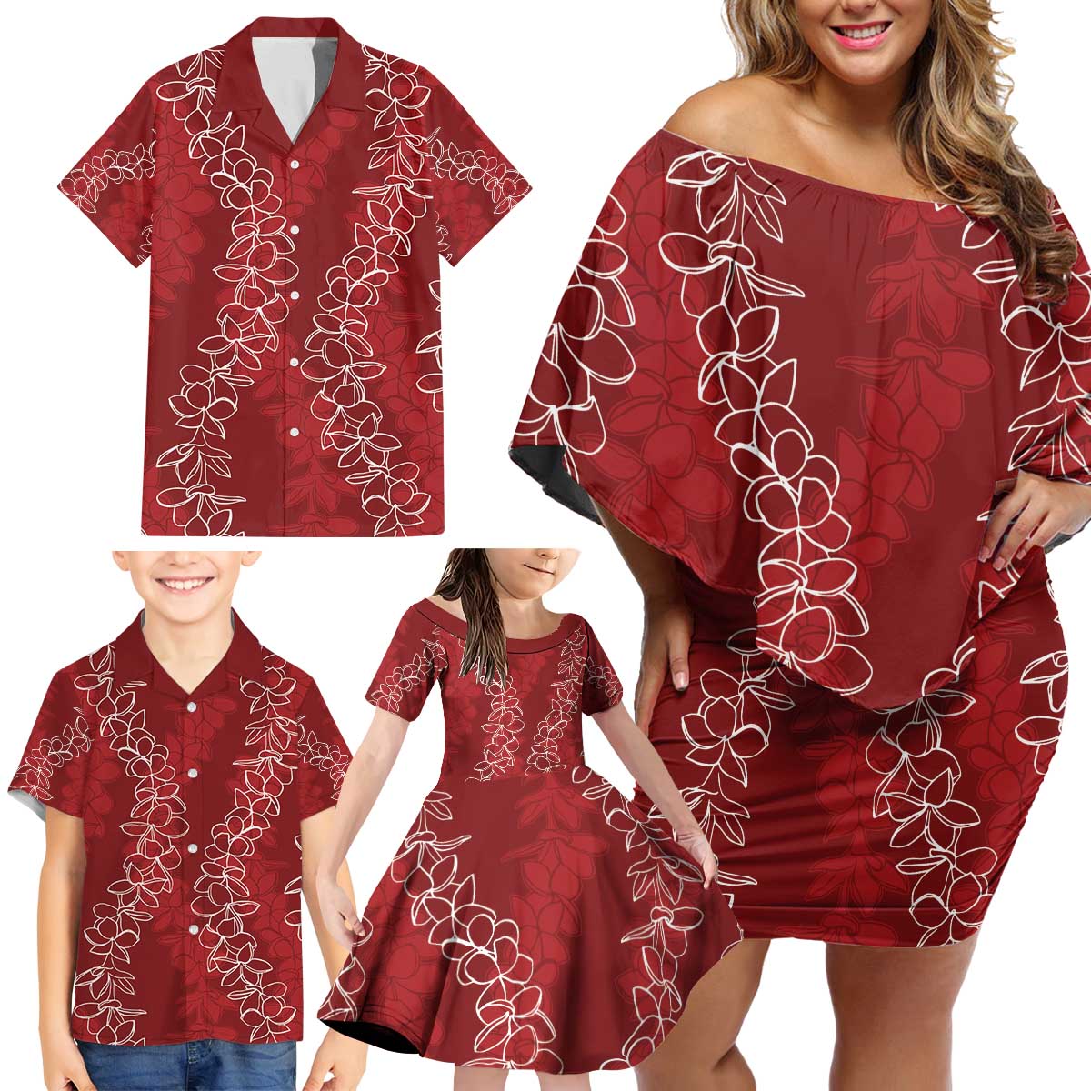 Hawaii Plumeria Lei Family Matching Off Shoulder Short Dress and Hawaiian Shirt Aloha Festive Vibe - Crimson