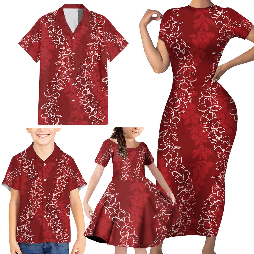 Hawaii Plumeria Lei Family Matching Short Sleeve Bodycon Dress and Hawaiian Shirt Aloha Festive Vibe - Crimson