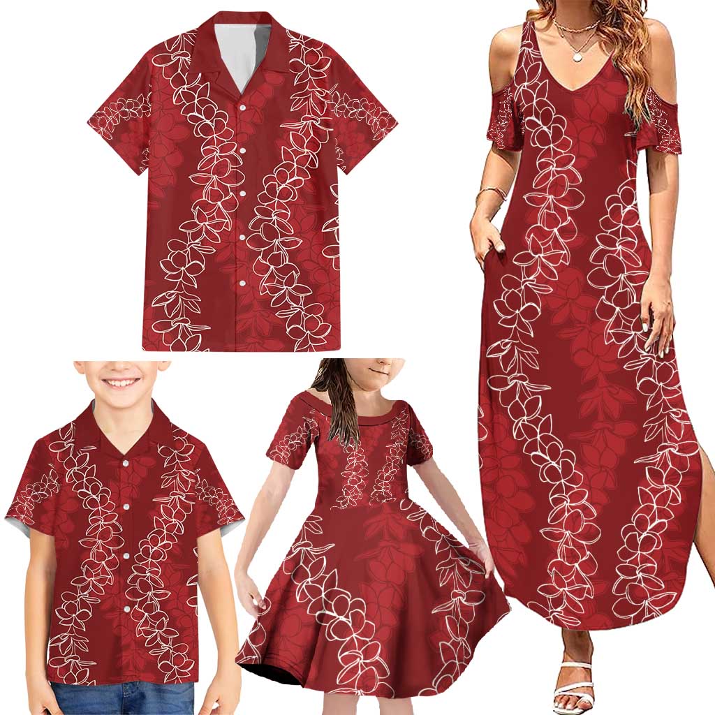 Hawaii Plumeria Lei Family Matching Summer Maxi Dress and Hawaiian Shirt Aloha Festive Vibe - Crimson