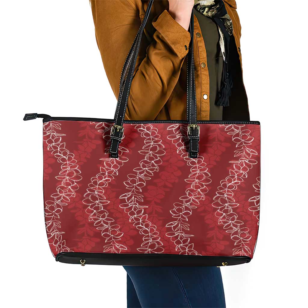 Hawaii Plumeria Lei Leather Tote Bag Aloha Festive Vibe - Crimson LT7 - Polynesian Pride