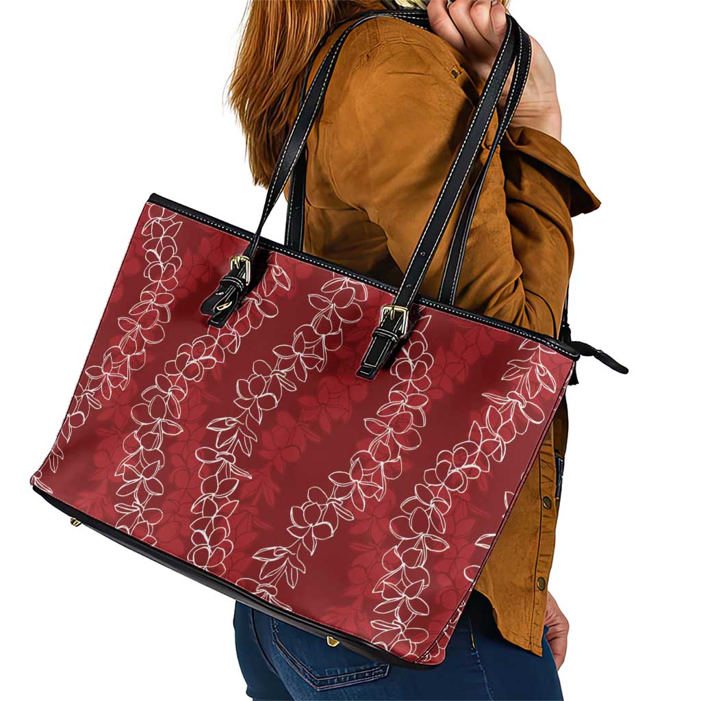 Hawaii Plumeria Lei Leather Tote Bag Aloha Festive Vibe - Crimson LT7 - Polynesian Pride