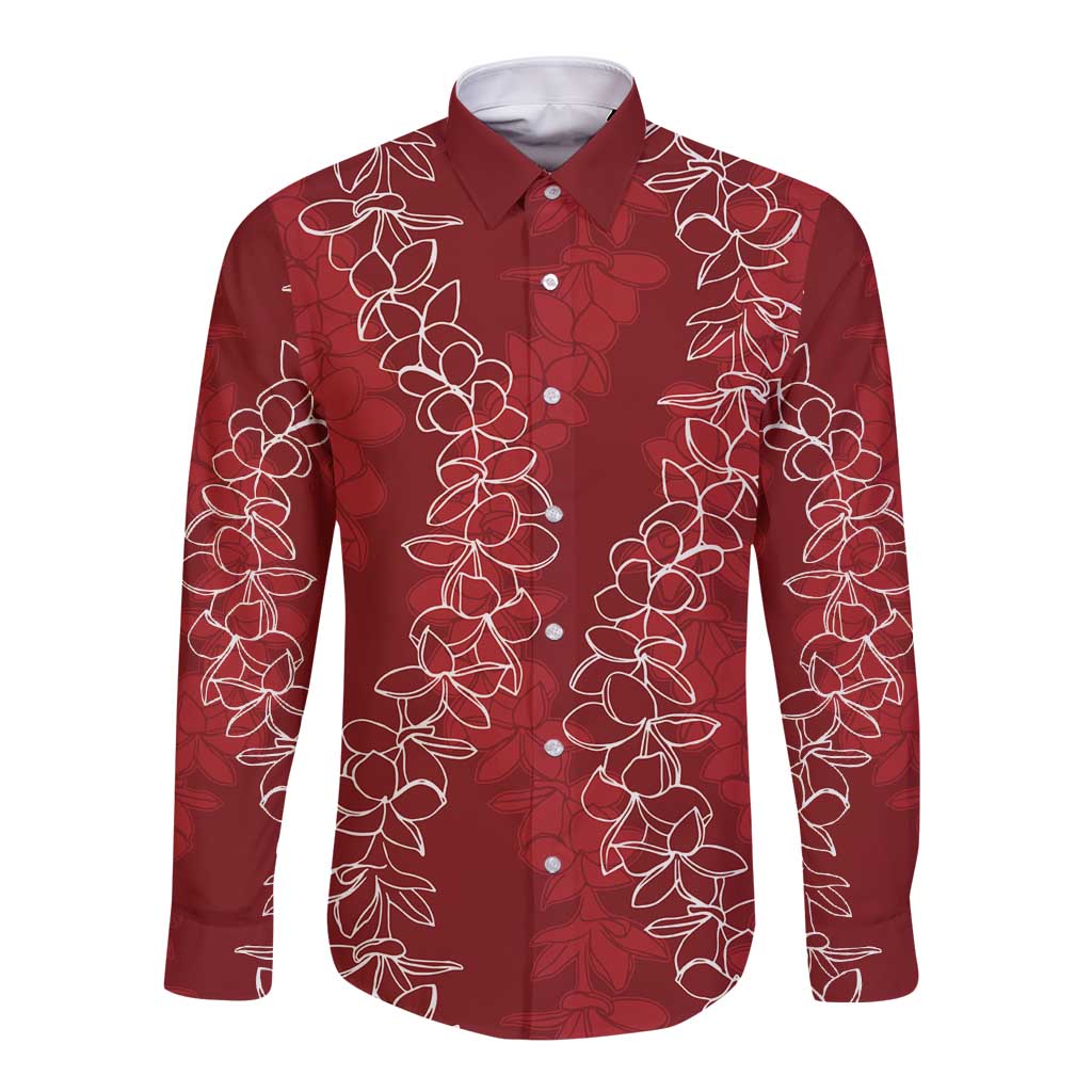 Hawaii Plumeria Lei Long Sleeve Button Shirt Aloha Festive Vibe - Crimson