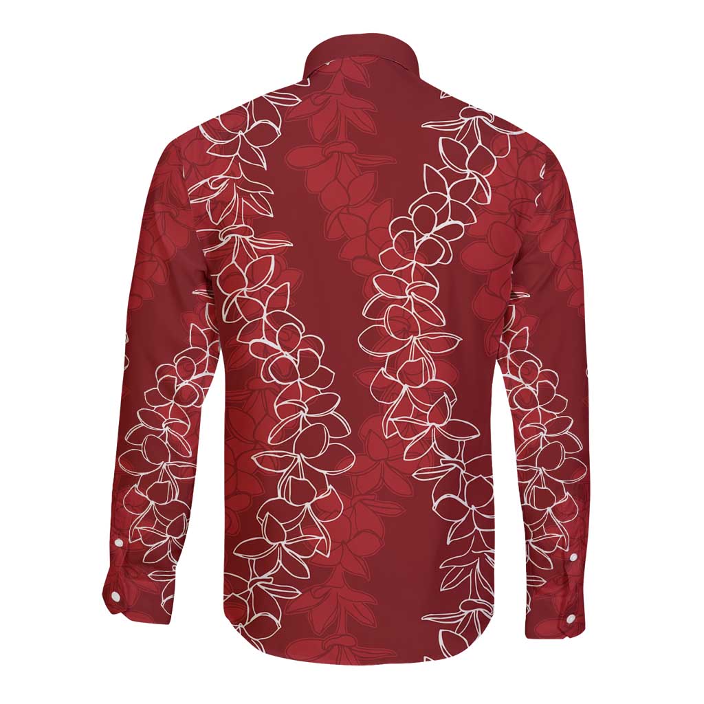 Hawaii Plumeria Lei Long Sleeve Button Shirt Aloha Festive Vibe - Crimson