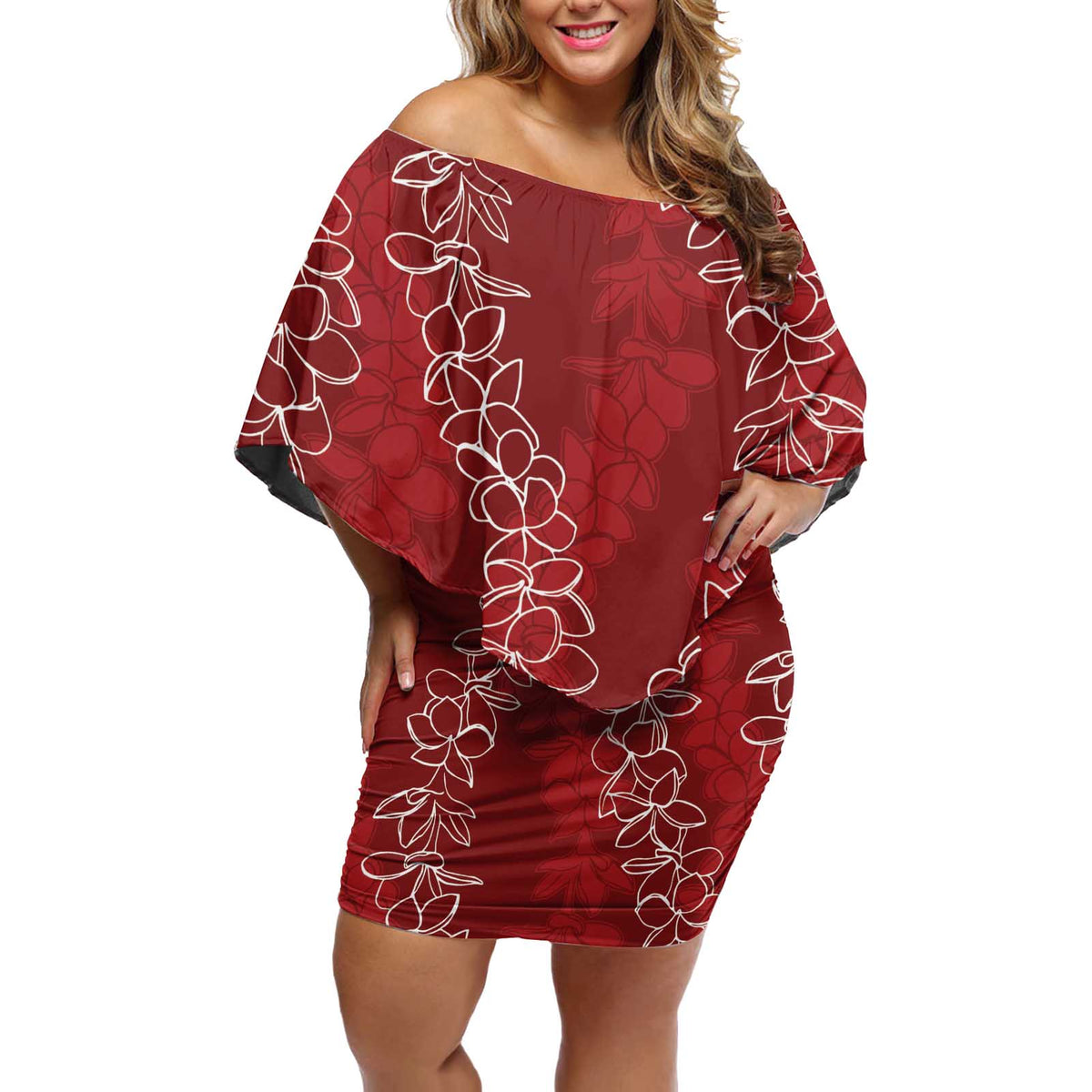 Hawaii Plumeria Lei Off Shoulder Short Dress Aloha Festive Vibe - Crimson LT7 Women Crimson - Polynesian Pride