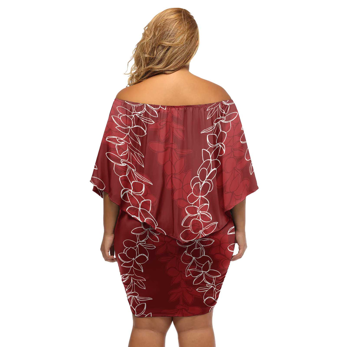 Hawaii Plumeria Lei Off Shoulder Short Dress Aloha Festive Vibe - Crimson LT7 - Polynesian Pride
