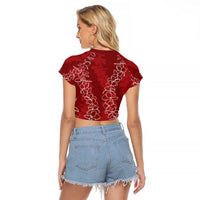 Hawaii Plumeria Lei Raglan Cropped T Shirt Aloha Festive Vibe - Crimson LT7 - Polynesian Pride