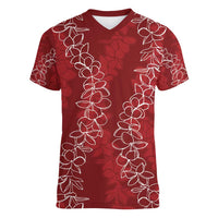 Hawaii Plumeria Lei Women V-Neck T-Shirt Aloha Festive Vibe - Crimson