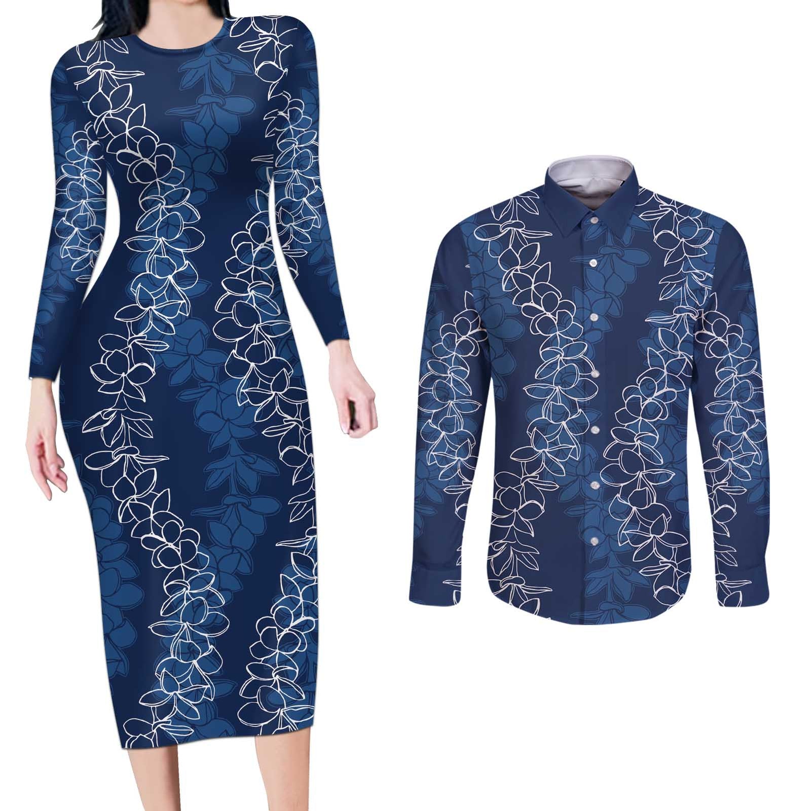 Hawaii Plumeria Lei Couples Matching Long Sleeve Bodycon Dress and Long Sleeve Button Shirt Aloha Festive Vibe - Navy Blue LT7 Navy Blue - Polynesian Pride
