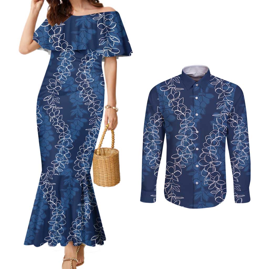 Hawaii Plumeria Lei Couples Matching Mermaid Dress and Long Sleeve Button Shirt Aloha Festive Vibe - Navy Blue LT7 Navy Blue - Polynesian Pride