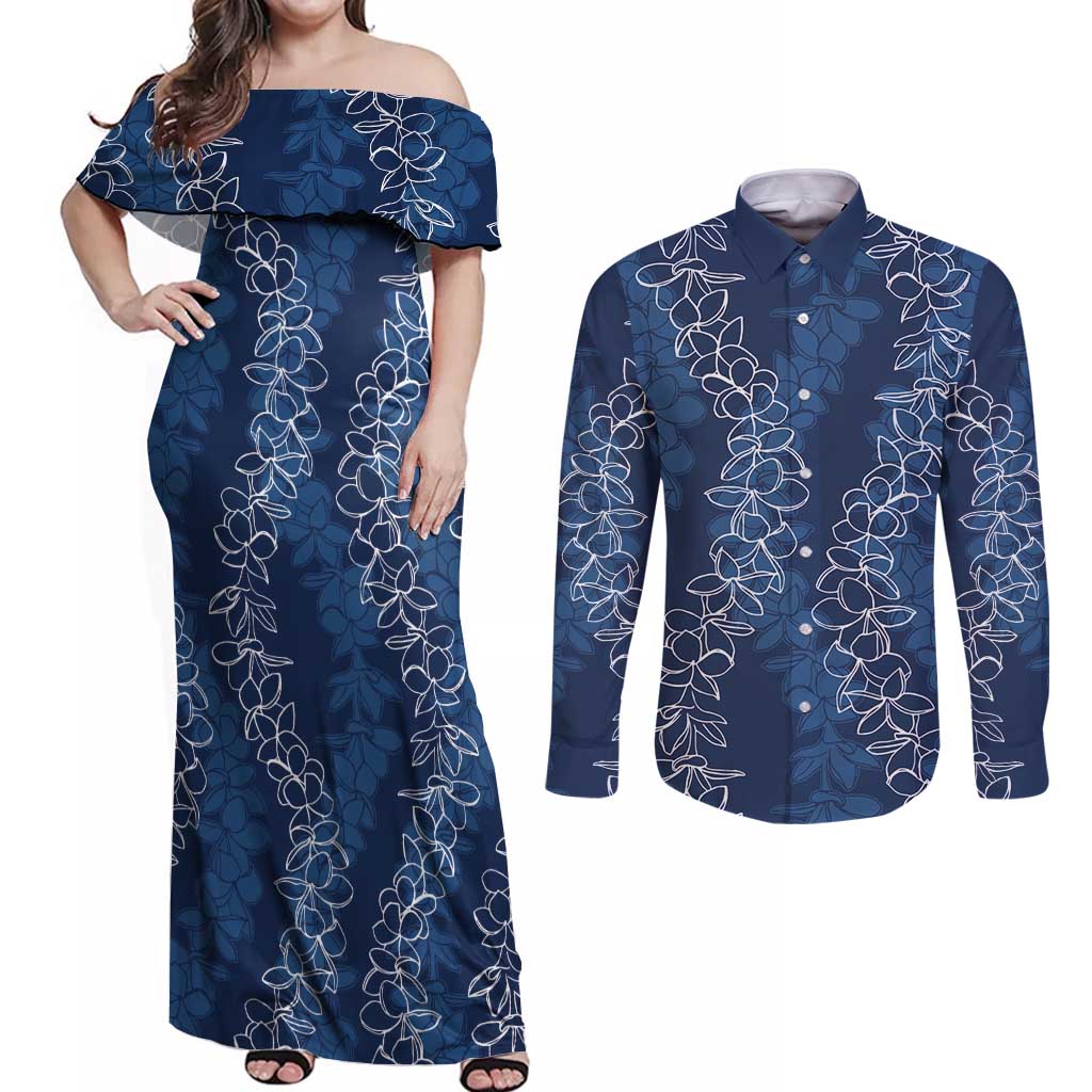 Hawaii Plumeria Lei Couples Matching Off Shoulder Maxi Dress and Long Sleeve Button Shirt Aloha Festive Vibe - Navy Blue LT7 Navy Blue - Polynesian Pride