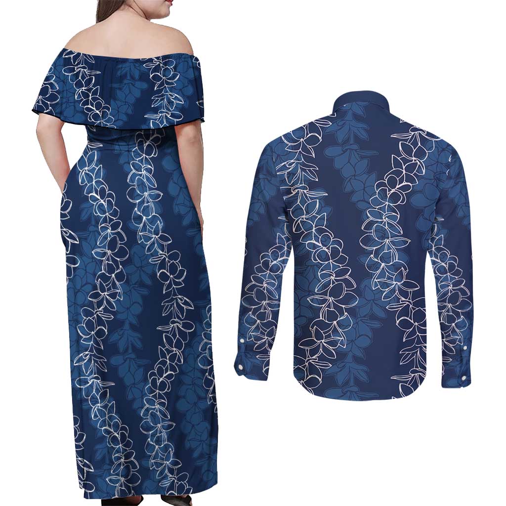 Hawaii Plumeria Lei Couples Matching Off Shoulder Maxi Dress and Long Sleeve Button Shirt Aloha Festive Vibe - Navy Blue LT7 - Polynesian Pride