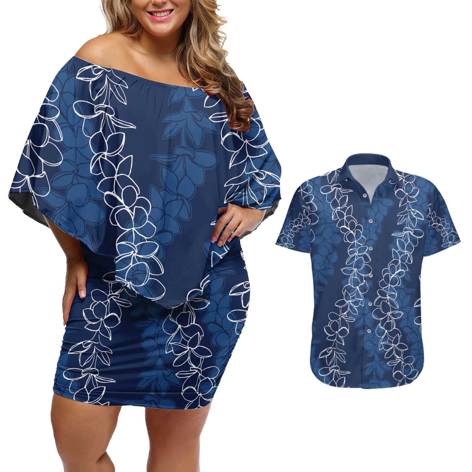 Hawaii Plumeria Lei Couples Matching Off Shoulder Short Dress and Hawaiian Shirt Aloha Festive Vibe - Navy Blue LT7 Navy Blue - Polynesian Pride