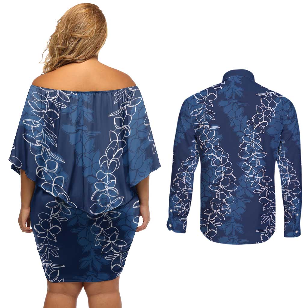 Hawaii Plumeria Lei Couples Matching Off Shoulder Short Dress and Long Sleeve Button Shirt Aloha Festive Vibe - Navy Blue