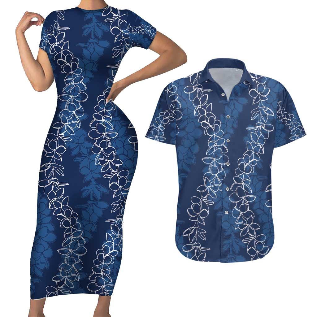 Hawaii Plumeria Lei Couples Matching Short Sleeve Bodycon Dress and Hawaiian Shirt Aloha Festive Vibe - Navy Blue LT7 Navy Blue - Polynesian Pride