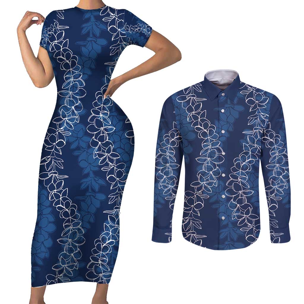 Hawaii Plumeria Lei Couples Matching Short Sleeve Bodycon Dress and Long Sleeve Button Shirt Aloha Festive Vibe - Navy Blue