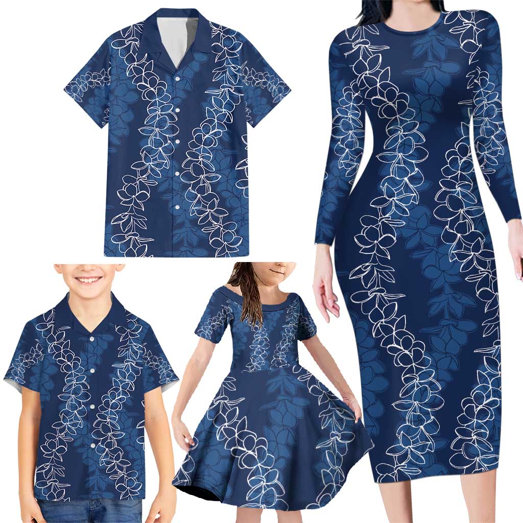 Hawaii Plumeria Lei Family Matching Long Sleeve Bodycon Dress and Hawaiian Shirt Aloha Festive Vibe - Navy Blue