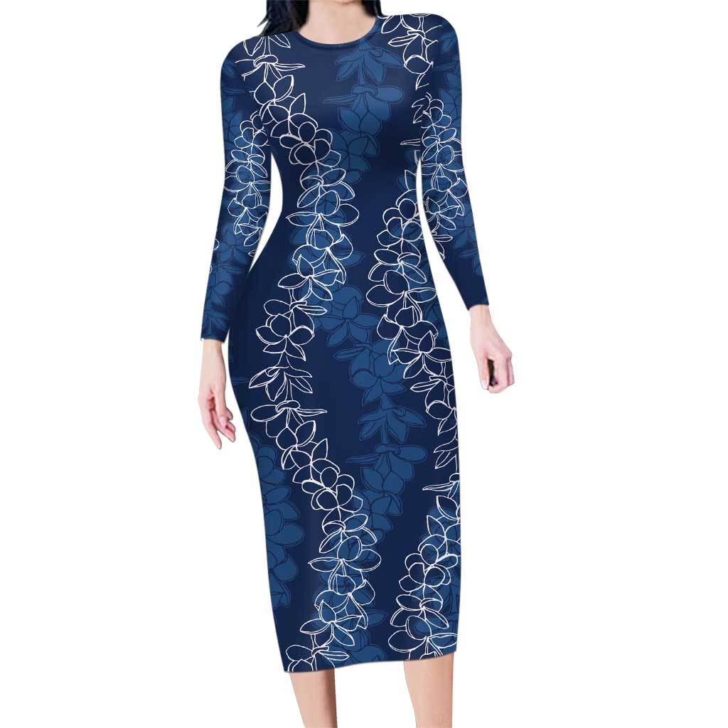 Hawaii Plumeria Lei Family Matching Long Sleeve Bodycon Dress and Hawaiian Shirt Aloha Festive Vibe - Navy Blue
