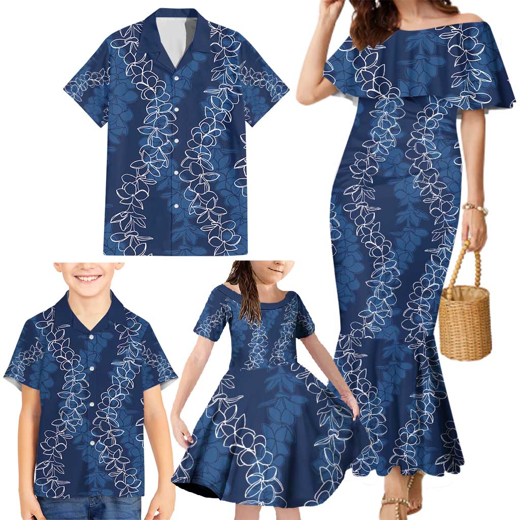 Hawaii Plumeria Lei Family Matching Mermaid Dress and Hawaiian Shirt Aloha Festive Vibe - Navy Blue