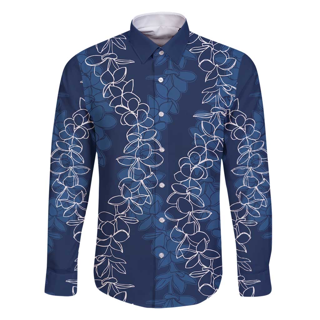 Hawaii Plumeria Lei Family Matching Mermaid Dress and Hawaiian Shirt Aloha Festive Vibe - Navy Blue LT7 Dad's Shirt - Long Sleeve Navy Blue - Polynesian Pride