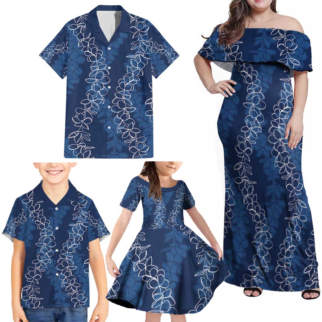 Hawaii Plumeria Lei Family Matching Off Shoulder Maxi Dress and Hawaiian Shirt Aloha Festive Vibe - Navy Blue