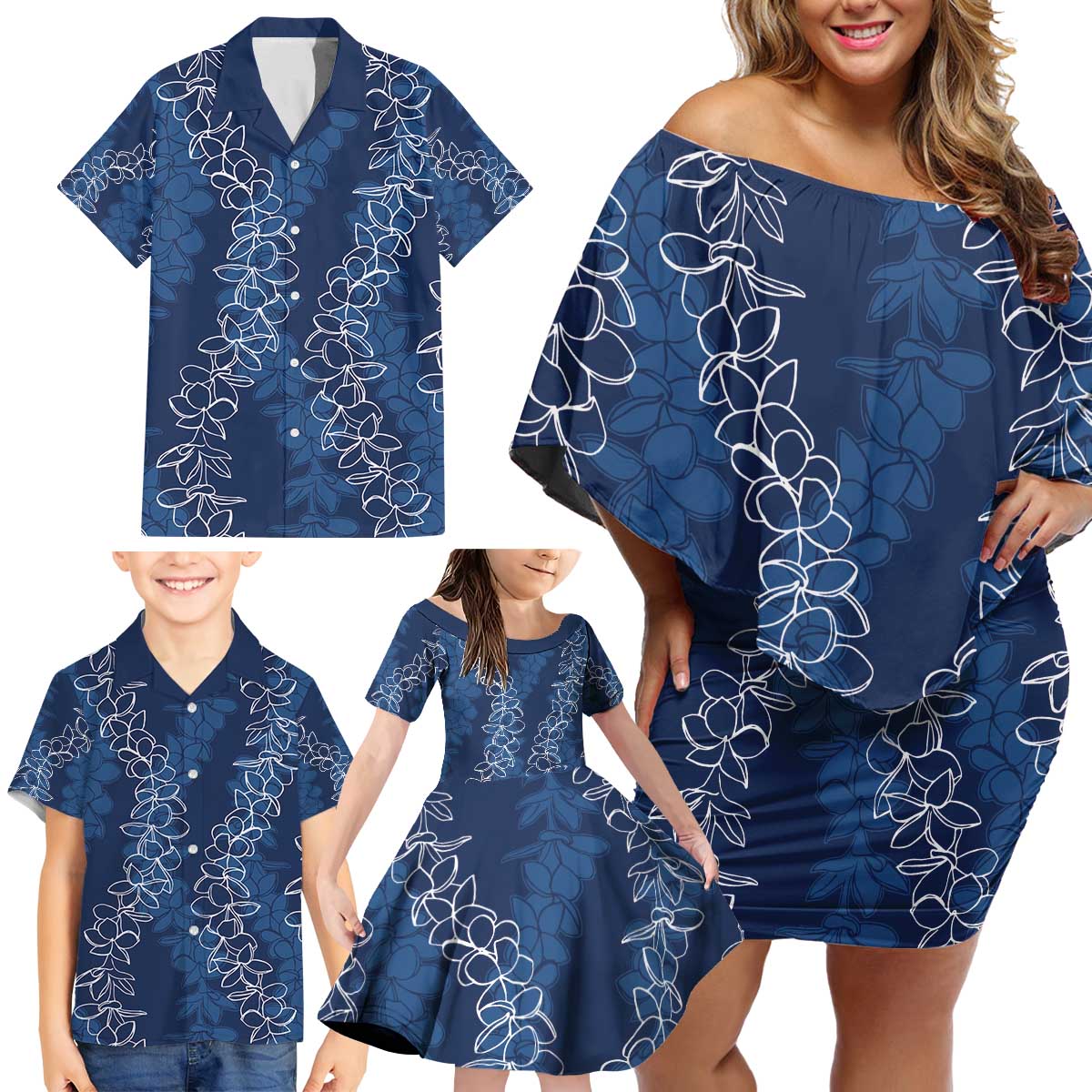 Hawaii Plumeria Lei Family Matching Off Shoulder Short Dress and Hawaiian Shirt Aloha Festive Vibe - Navy Blue LT7 - Polynesian Pride