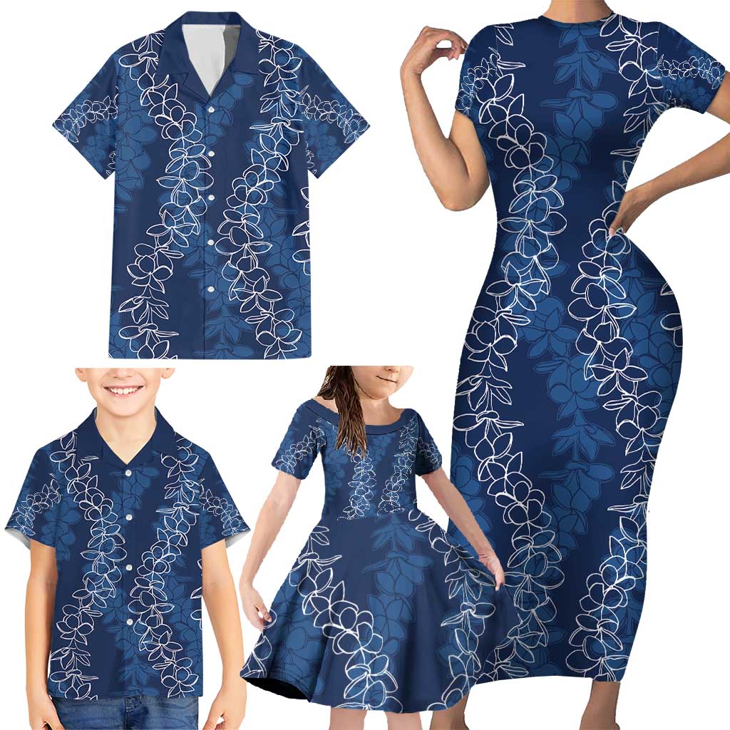 Hawaii Plumeria Lei Family Matching Short Sleeve Bodycon Dress and Hawaiian Shirt Aloha Festive Vibe - Navy Blue