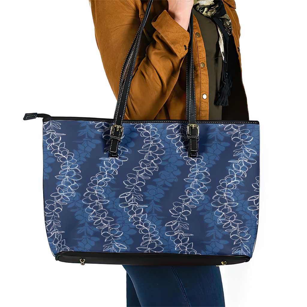 Hawaii Plumeria Lei Leather Tote Bag Aloha Festive Vibe - Navy Blue LT7 - Polynesian Pride