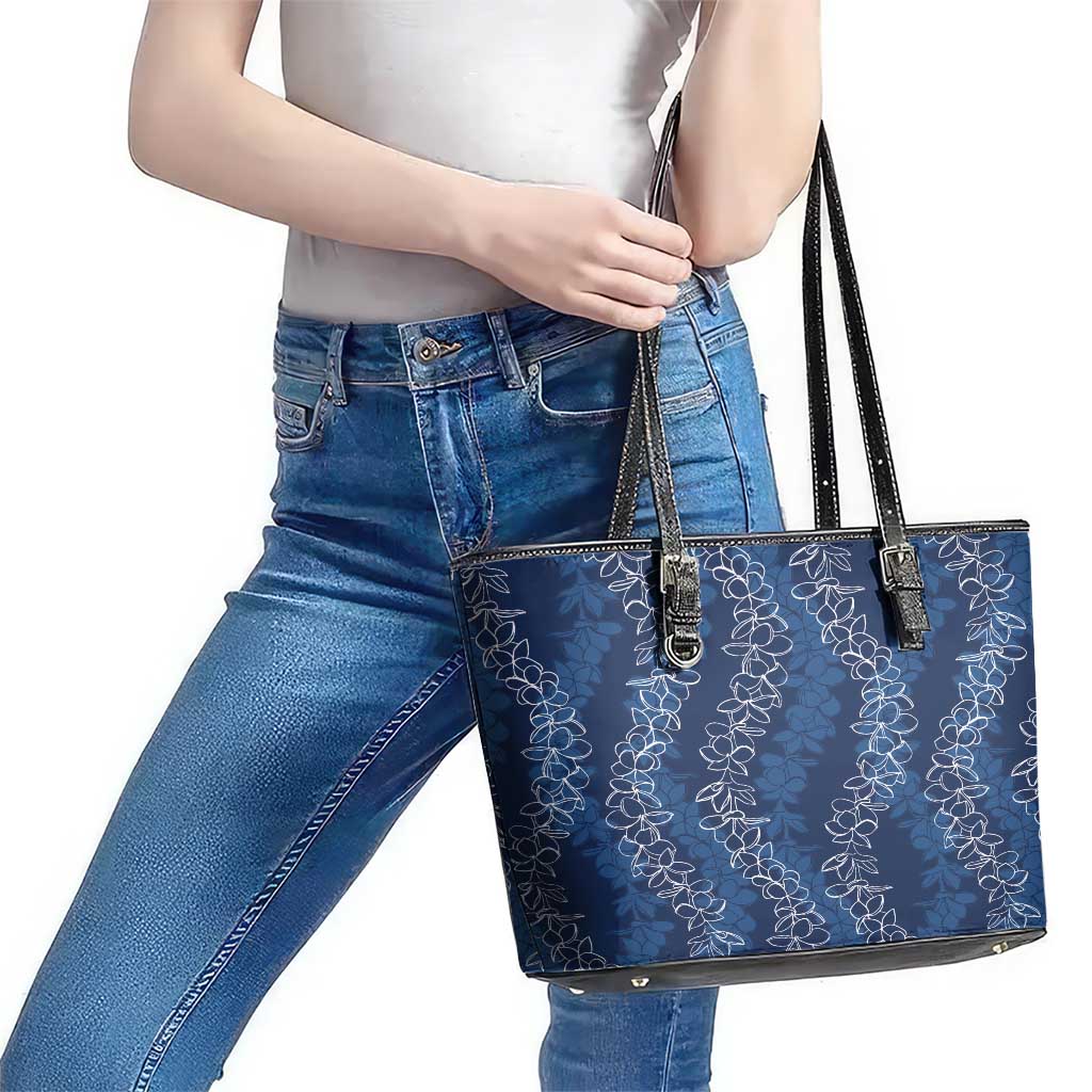 Hawaii Plumeria Lei Leather Tote Bag Aloha Festive Vibe - Navy Blue LT7 - Polynesian Pride