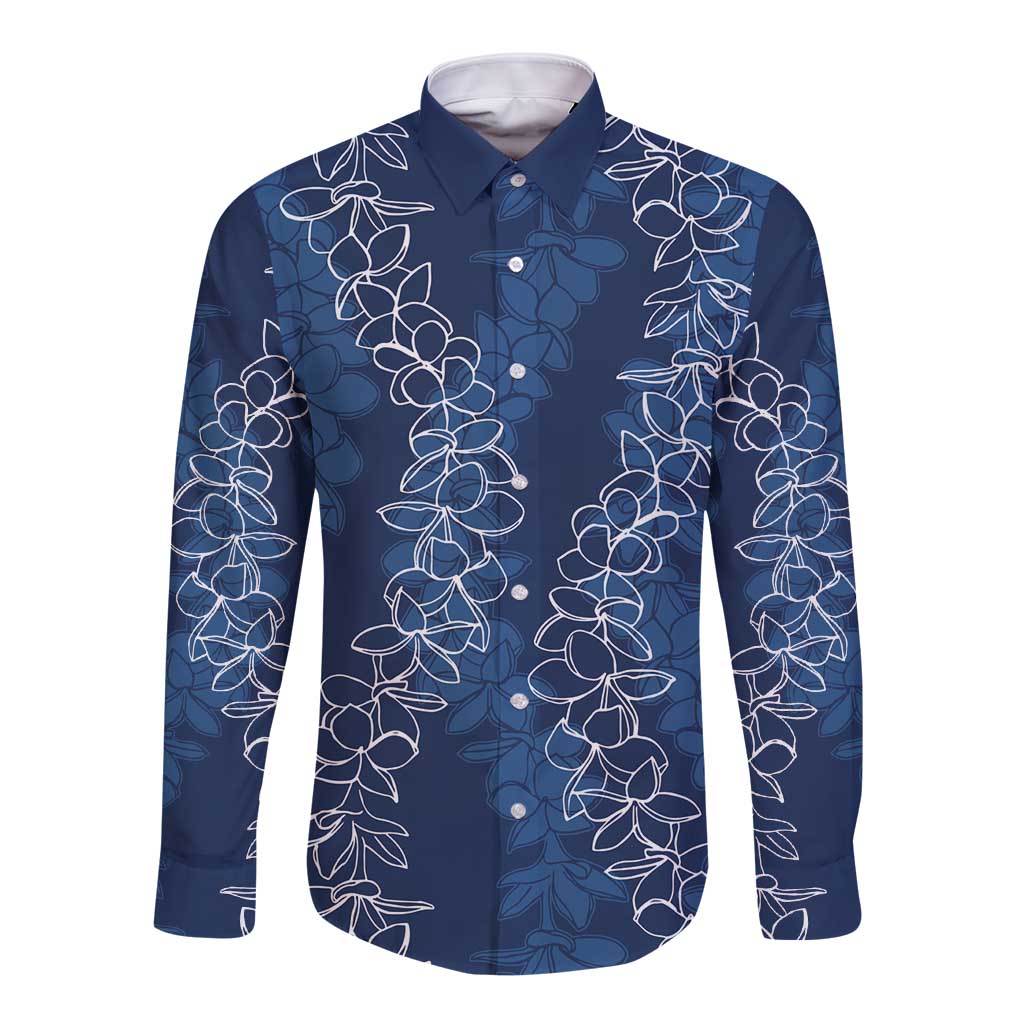 Hawaii Plumeria Lei Long Sleeve Button Shirt Aloha Festive Vibe - Navy Blue