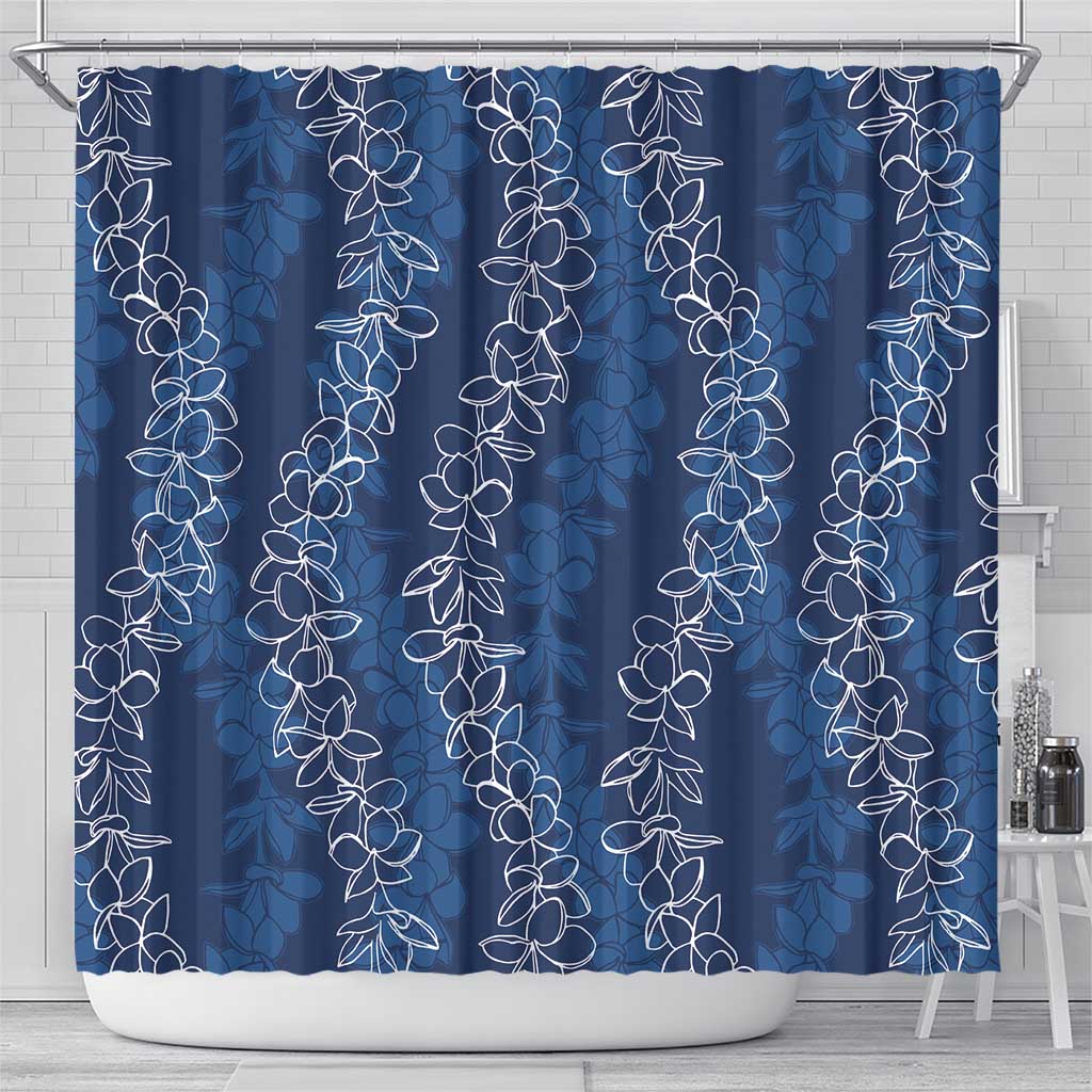 Hawaii Plumeria Lei Shower Curtain Aloha Festive Vibe - Navy Blue