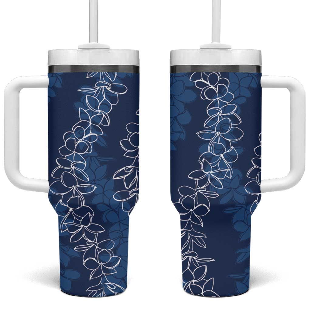 Hawaii Plumeria Lei Tumbler With Handle Aloha Festive Vibe - Navy Blue