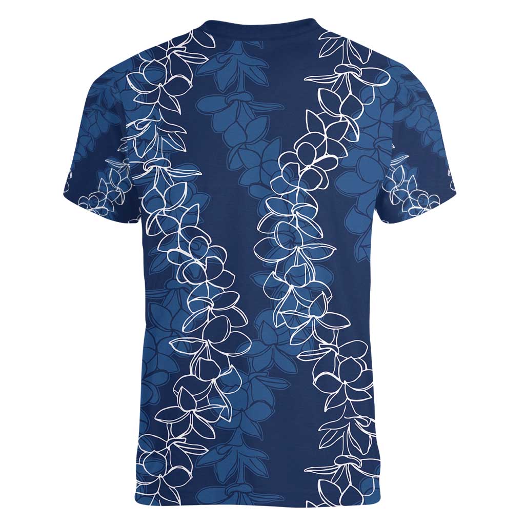 Hawaii Plumeria Lei Women V-Neck T-Shirt Aloha Festive Vibe - Navy Blue