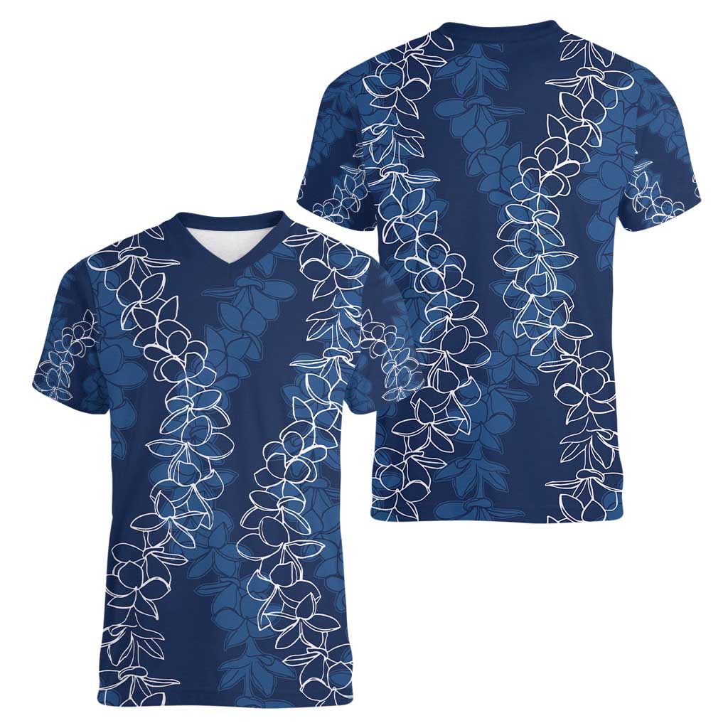 Hawaii Plumeria Lei Women V-Neck T-Shirt Aloha Festive Vibe - Navy Blue