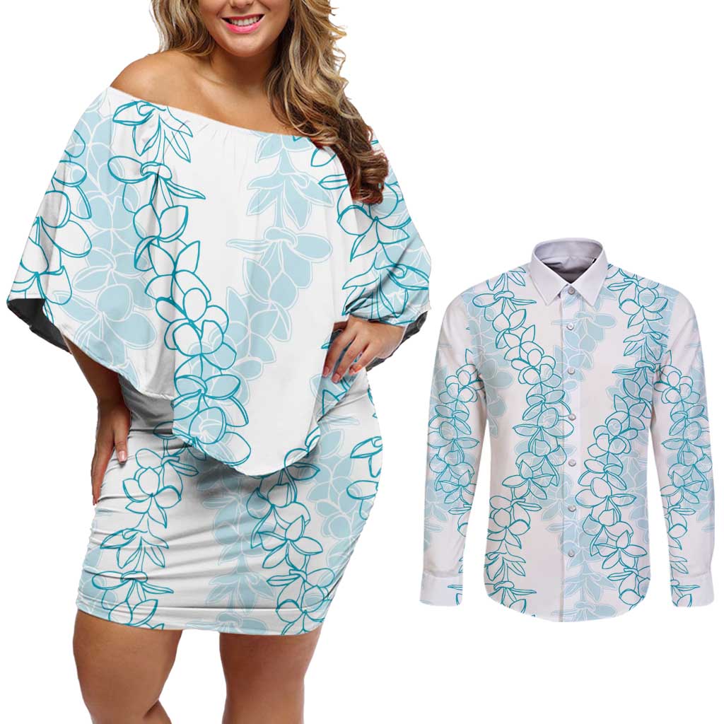 Hawaii Plumeria Lei Couples Matching Off Shoulder Short Dress and Long Sleeve Button Shirt Aloha Festive Vibe - Turquoise LT7 Turquoise - Polynesian Pride