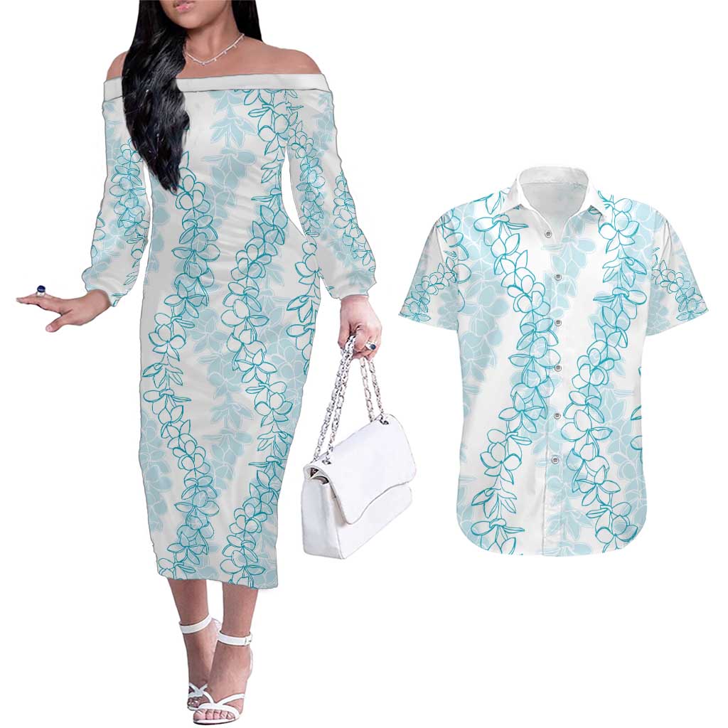 Hawaii Plumeria Lei Couples Matching Off The Shoulder Long Sleeve Dress and Hawaiian Shirt Aloha Festive Vibe - Turquoise LT7 Turquoise - Polynesian Pride