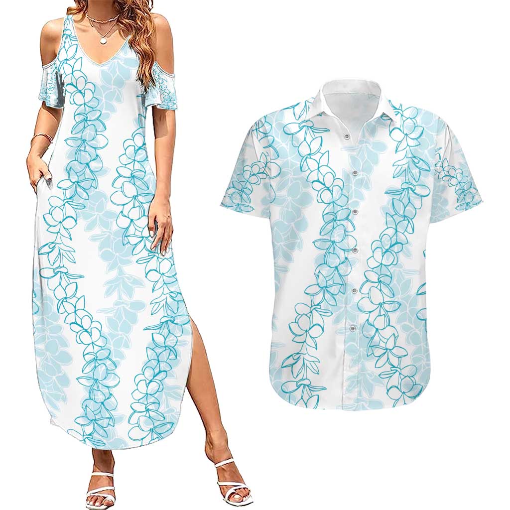 Hawaii Plumeria Lei Couples Matching Summer Maxi Dress and Hawaiian Shirt Aloha Festive Vibe - Turquoise LT7 Turquoise - Polynesian Pride