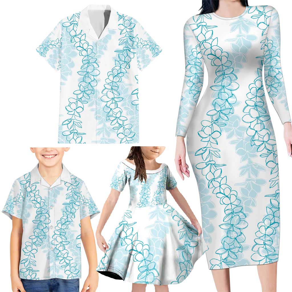 Hawaii Plumeria Lei Family Matching Long Sleeve Bodycon Dress and Hawaiian Shirt Aloha Festive Vibe - Turquoise