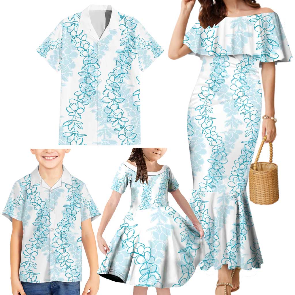 Hawaii Plumeria Lei Family Matching Mermaid Dress and Hawaiian Shirt Aloha Festive Vibe - Turquoise