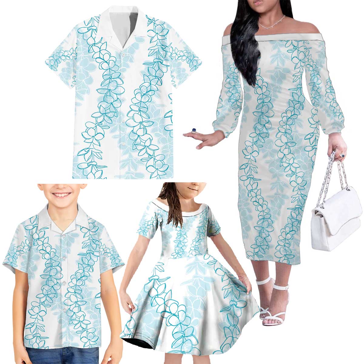 Hawaii Plumeria Lei Family Matching Off The Shoulder Long Sleeve Dress and Hawaiian Shirt Aloha Festive Vibe - Turquoise